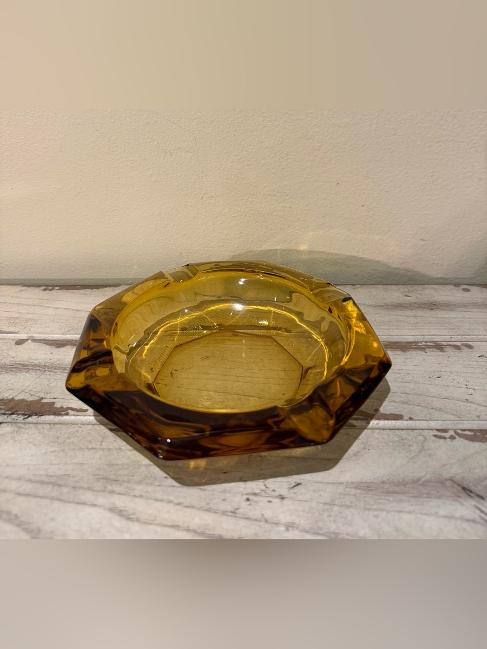 Vintage Amber Glass Octagon Ashtray Heavy MCM Retro Cigar Cigarette Tray
